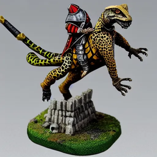 Image similar to A medieval knight riding on a giant two legged leopard gecko, highly detailed, painted wargaming miniature