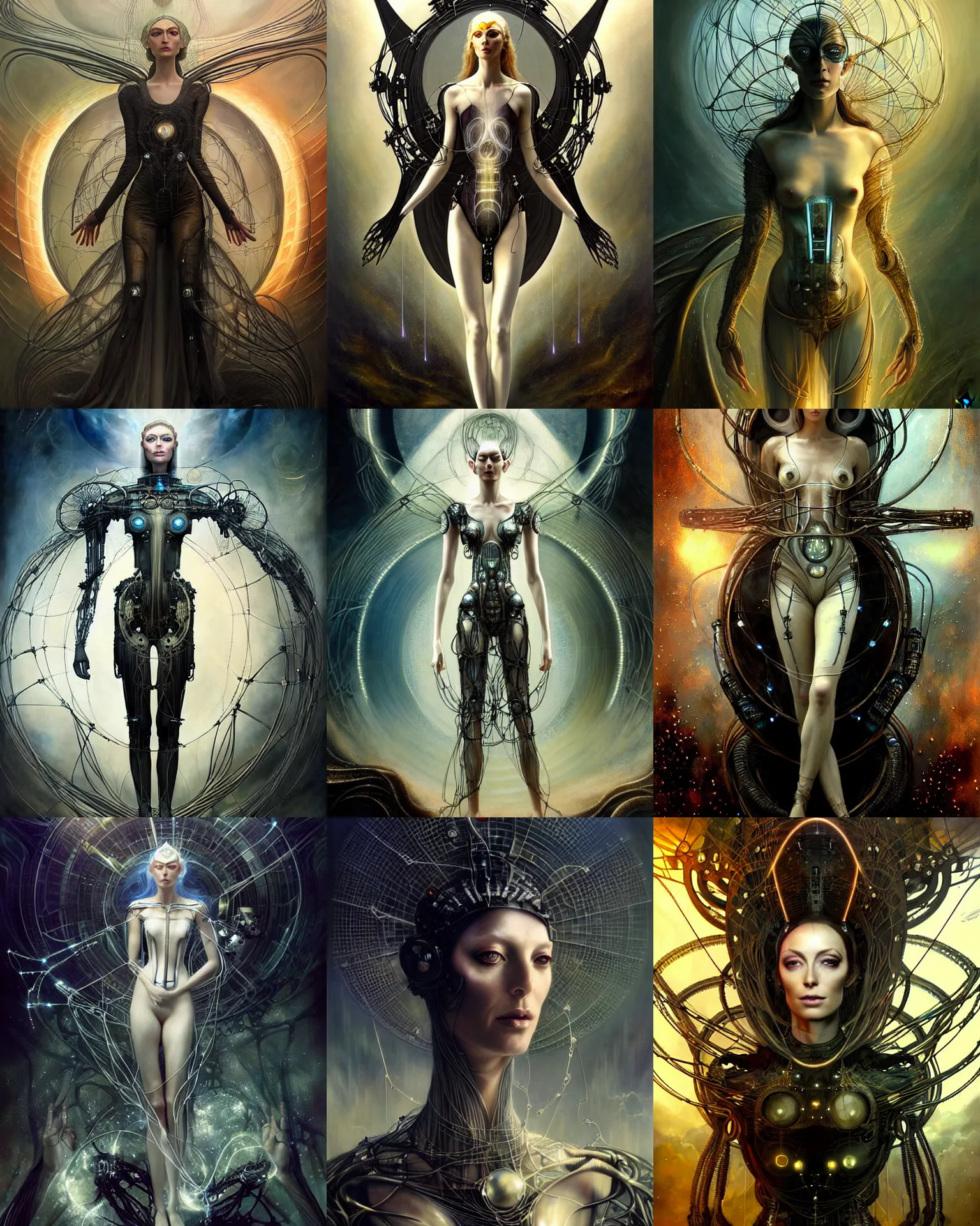 Prompt: karol bak and tom bagshaw and bastien lecouffe - deharme full body character portrait of galadriel as the borg queen, digitalcore rebirth, floating in a powerful zen state, supermodel, beautiful and ominous, wearing combination of mecha and bodysuit made of wires and silk, machinery enveloping nature in the background, scifi character render