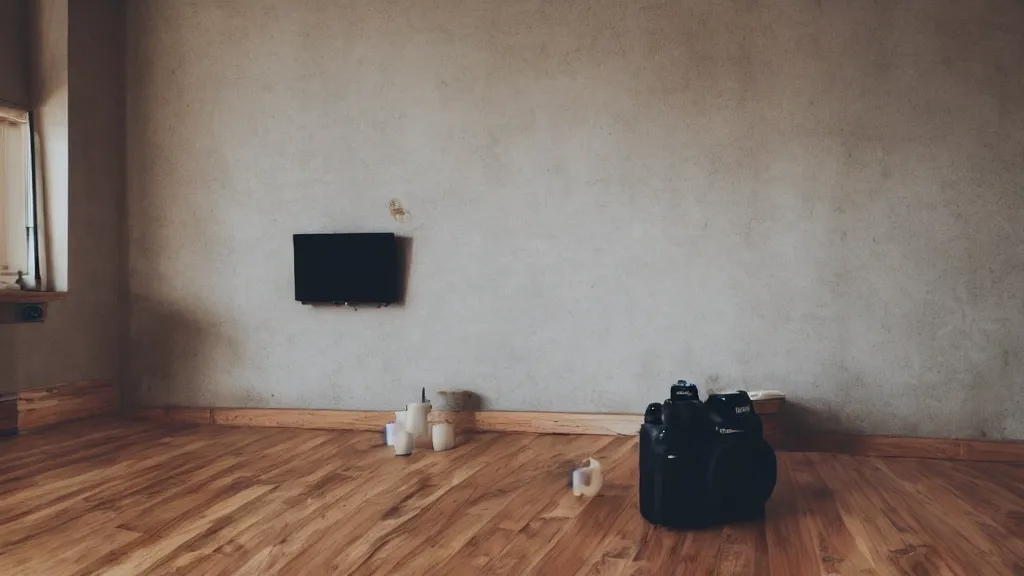 Image similar to dslr photograph of a living room, wooden floor, concrete wall