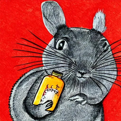 Image similar to a pen and ink drawing of a happy chinchilla excitedly holding aloft a bottle of hot sauce