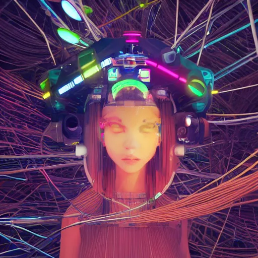 Prompt: space station on the moon, piles of modular synth cables mixed with mangrove roots, kawaii puerto rican goddess staring through your soul wearing a headpiece made of circuit boards, by makoto shinkai and stanley kubrick, unique perspective, eastman color, trending on artstation, cinematic, 3 d render, muted neon