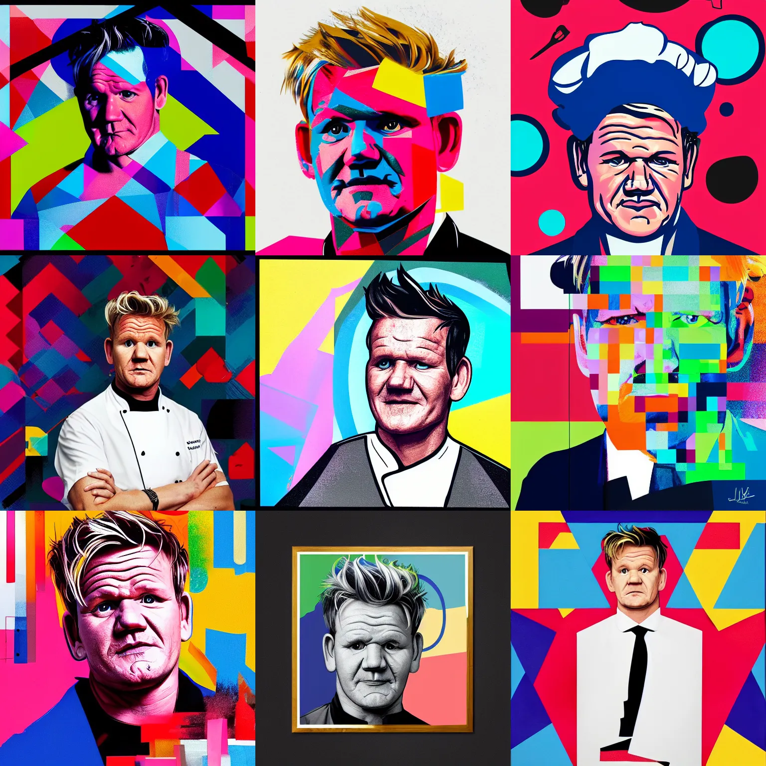 Prompt: A portrait of Gordon Ramsay in a chef uniform | geometric shapes, vibrant colors, spray paint, rounded corners
