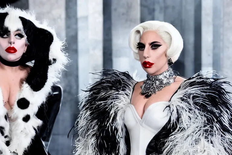 Image similar to lady gaga plays cruella in the live action adaptation of cruella, red weapon 8 k s 3 5, cooke anamorphic / i lenses, highly detailed, cinematic lighting