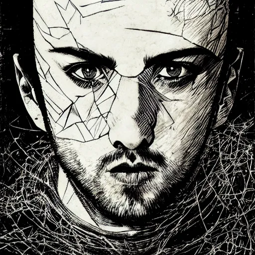 Image similar to Yoshitaka Amano realistic illustration of jessie pinkman ,hair fluttering in the wind, cracks on her face wearing Elden ring armour with engraving, abstract black and white patterns on the background, noisy film grain effect, highly detailed, Renaissance oil painting, weird portrait angle, blurred lost edges, three quarter view