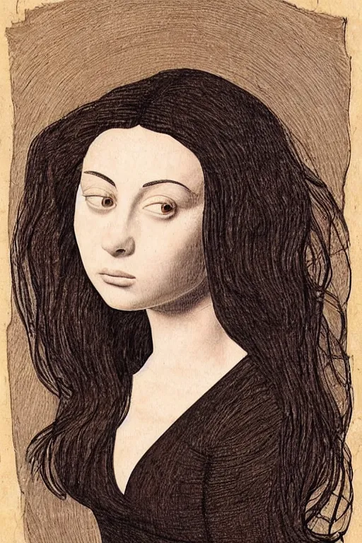 Image similar to a portrait of charli xcx in the style of leonardo da vinci drawing,, single head, no double head,