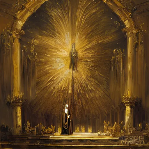 Prompt: ornate painting of a Catholic Priest in flowing golden vestments elevating the host over the alter, a portal to the sky opening behind him as a host of angels descend upon the pews, by Jeremy Mann and Jason Jenicke, detailed, realistic, loose brush strokes, intricate, beautiful, stylized, dramatic, incredible, sense of scale