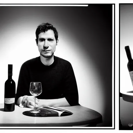 Image similar to portrait of a 3 0 years old frenchman in 2 0 2 0 seated at a table with a bottle of wine. award winning photography, 5 0 mm, studio lighting, black and white, contrasted.