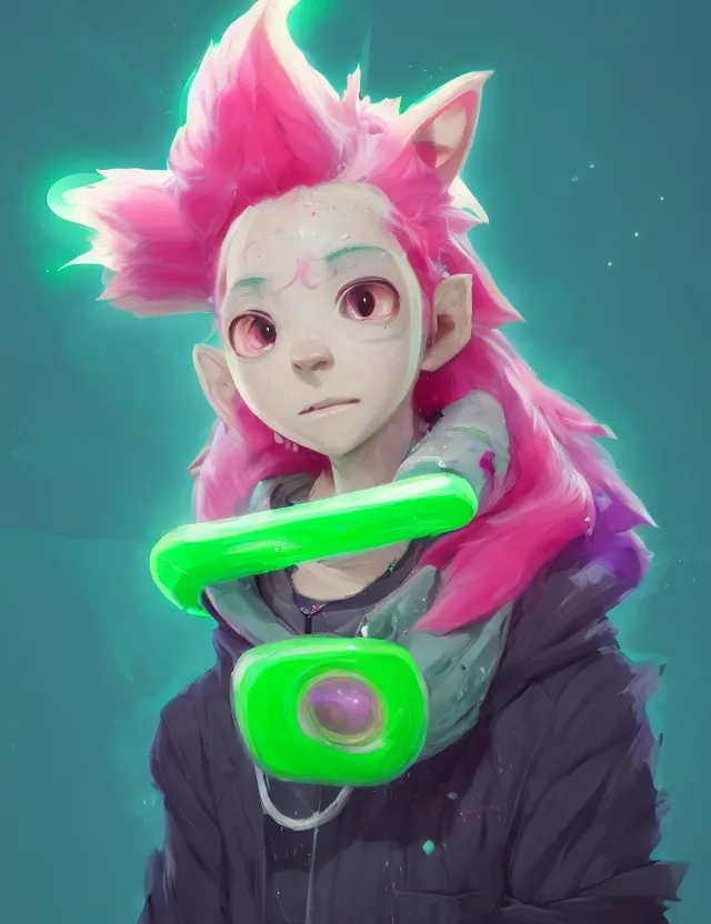 Image similar to a beautiful headshot portrait of a cute splatoon anime male with pink hair and pink wolf ears wearing a green hoodie. character design by cory loftis, fenghua zhong, ryohei hase, ismail inceoglu and ruan jia. artstation, volumetric light, detailed, photorealistic, fantasy, rendered in octane