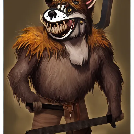 Image similar to Portrait of Grinning Gnoll with a scythe in its hand and brown fur. In style of Hyung-tae Kim, concept art, trending on ArtStation, Korean MMORPG.