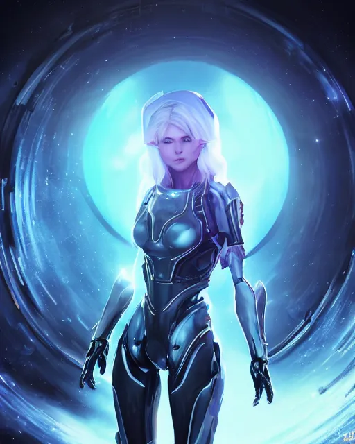 Image similar to perfect android girl on a mothership, warframe armor, beautiful face, scifi, futuristic, galaxy, nebula, raytracing, dreamy, long white hair, blue cyborg eyes, sharp focus, cinematic lighting, highly detailed, artstation, divine, by gauthier leblanc, kazuya takahashi, huifeng huang