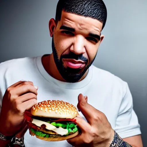 Image similar to rapper drake eating fast food photo taken by a fan, photorealistic, dynamic light, iphone 1 3, studio, ultra detailed