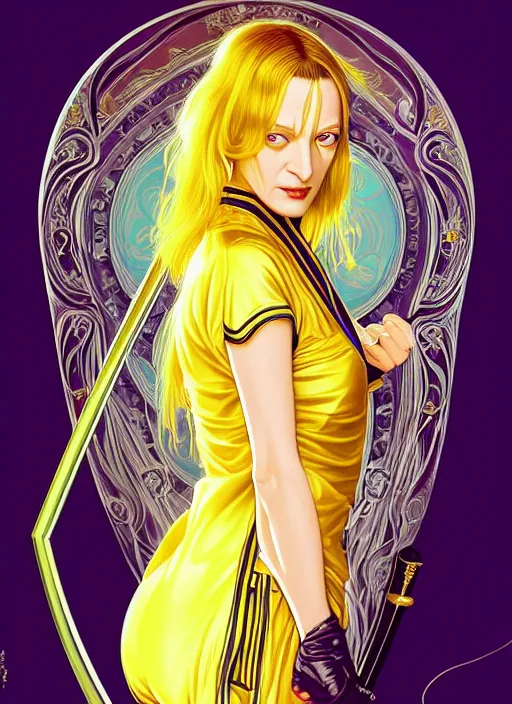 Prompt: uma thurman in kill bill, rococo and art nouveau fusion, iridescent diaphanous refractive and reflective katana, yelliw jumpsuit, highly detailed, deep focus, elegant, digital painting, smooth, sharp focus, illustration, ultra realistic, japanese art by artgerm and alphonse mucha