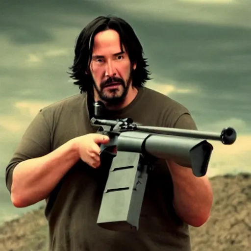 Prompt: obese Keanu Reeves using a sniper rifle, film still, detailed, 4k