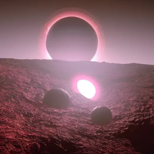 Prompt: A spooky alien planet with two moons, one red and one blue, in the background, Volumetric lighting, Planet texture, 4K, by H. R. Giger and Ridley Scott