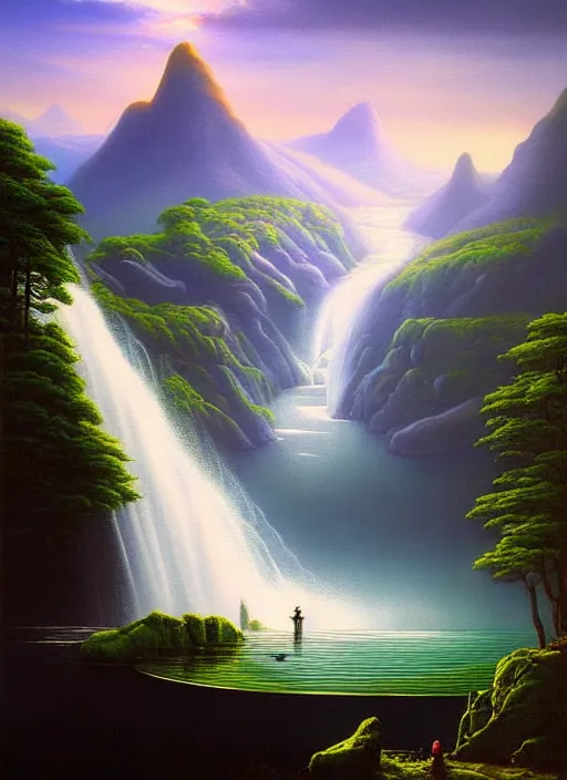 Image similar to a painting of a waterfall and a lake surrounded by mountains, a detailed matte painting by david a. hardy, featured on cgsociety, fantasy art, matte painting, 2 d game art, concept art