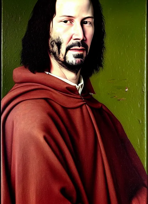 Image similar to portrait of keanu reeves, oil painting by jan van eyck, northern renaissance art, oil on canvas, wet - on - wet technique, realistic, expressive emotions, intricate textures, illusionistic detail