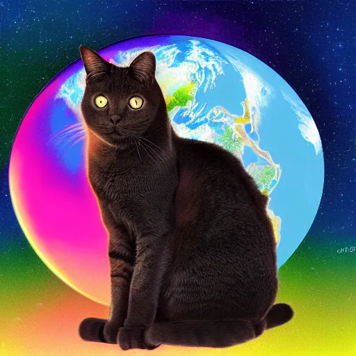 Image similar to A cat sitting on planet earth, digital art