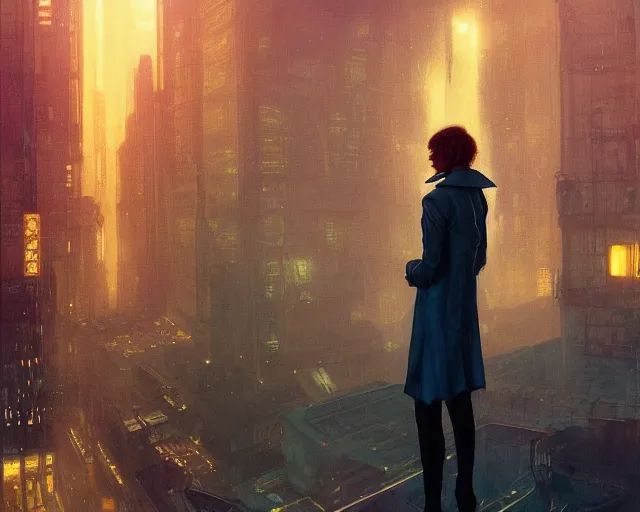 Image similar to 1 4 4 4 blade runner movie still ramona flowers look at the cityscape from roof perfect face fine realistic face pretty face reflective polymer suit tight neon puffy jacket blue futuristic sci - fi elegant by denis villeneuve tom anders zorn hans dragan bibin thoma greg rutkowski ismail inceoglu illustrated sand storm alphonse mucha