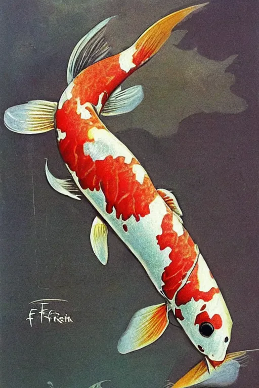 Image similar to a koi fish!! fighter robot by Frank Frazetta