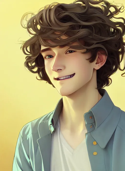 Image similar to young man with medium - length, curly, golden hair, perfectly proportioned face, aquamarine eyes, sweet smile, natural lighting, path traced, highly detailed, high quality, cartoon, digital painting, by new haicheng and studio ghibli and alphonse mucha