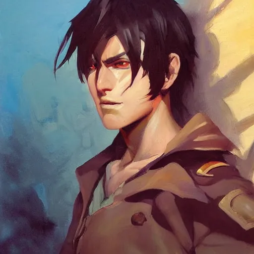 Image similar to greg manchess portrait painting of eren jeager as overwatch character, medium shot, asymmetrical, profile picture, organic painting, sunny day, matte painting, bold shapes, hard edges, street art, trending on artstation, by huang guangjian and gil elvgren and sachin teng