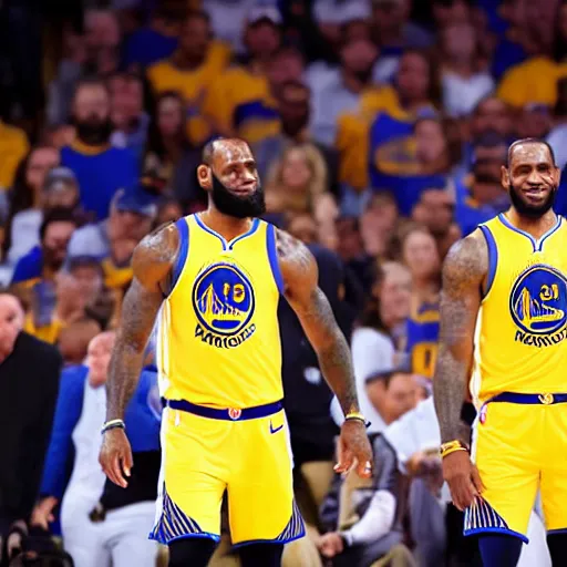 Prompt: professional close!!! up shot photograph of lebron james wearing a golden state warriors jersey in an nba game, wearing nba jersey, standing, clear image, as seen on getty images, smooth, uncompressed,