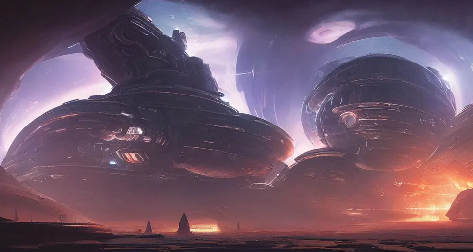 Prompt: Retro futuristic Sci-Fi space scene by Ridley Scott and Greg Rutkowski, Giant Aztec spaceship, nebulas swirls