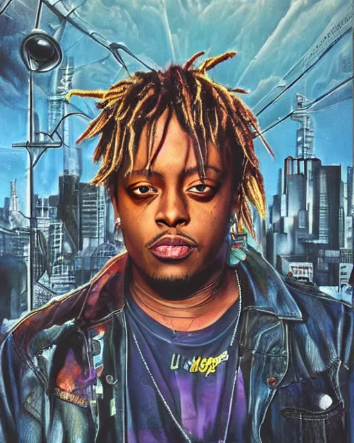 Image similar to juice wrld in dystopian twisted metal post apocalpytic, airbrush, drew struzan illustration art, key art, movie poster