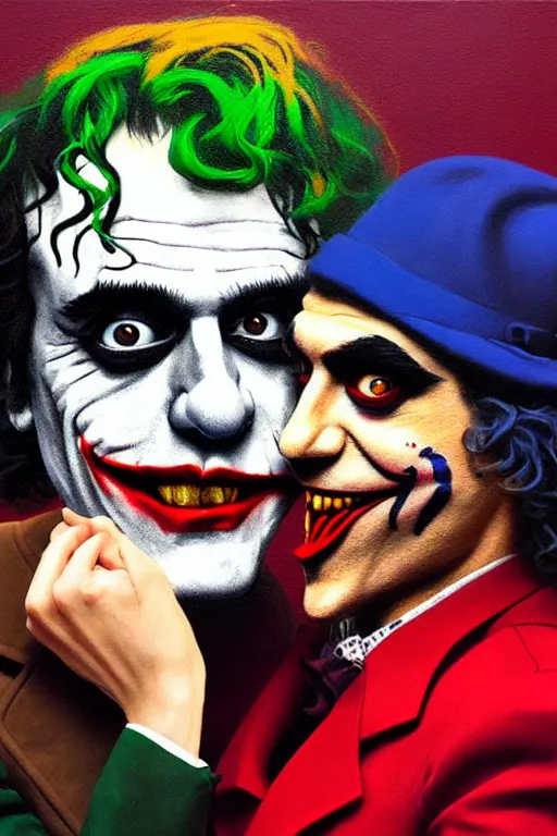 Image similar to ilya yefimovich repin and mimmo rottela and banksy as joaquin phoenix skinny joker, holding hand, lady gaga harley queen, ultra photorealistic, intricate details, pop art style, concept art, confident posse, random object details, 3 colours, warm color, 4 k, ultra smooth, sharp focus