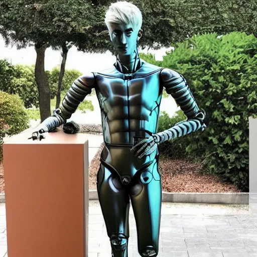 Prompt: “a realistic detailed photo of a guy who is an attractive humanoid who is half robot and half humanoid, who is a male android, twitch streamer Ninja Tyler Blevins, shiny skin, posing like a statue, blank stare, fountain outside house, display”