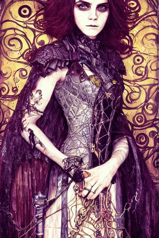 Image similar to beautiful gothic Emma Watson, cyberpunk, Warhammer, highly detailed, artstation, illustration, art by Gustav Klimt