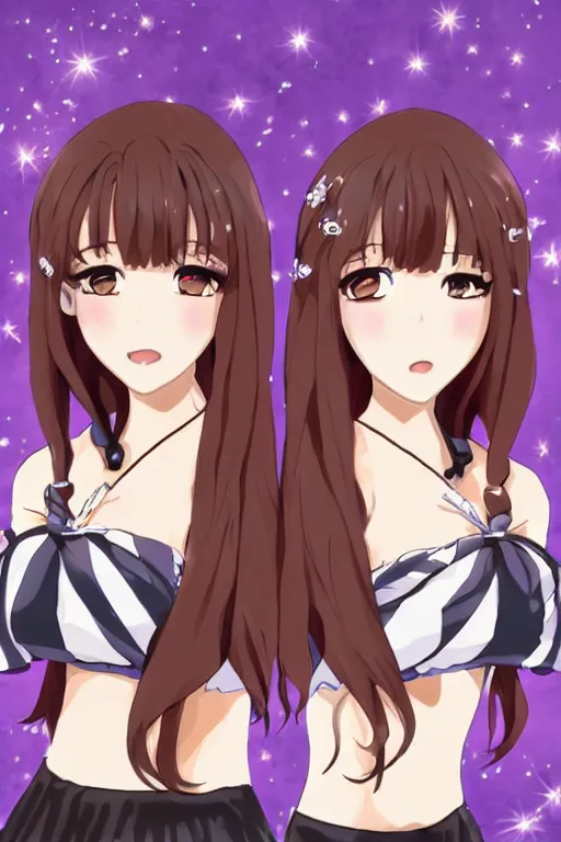 Image similar to two identical beautiful female idols standing face to face, symmetrical, detailed anime art