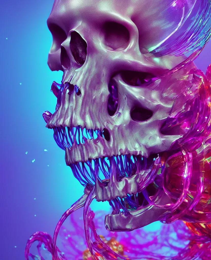 Image similar to close-up portrait of skull dichroic orchid jellyfish skull, betta fish, bioluminiscent creatures, intricate artwork by Tooth Wu and wlop and beeple. octane render, trending on artstation, greg rutkowski very coherent symmetrical artwork. cinematic, hyper realism, high detail, octane render, 8k