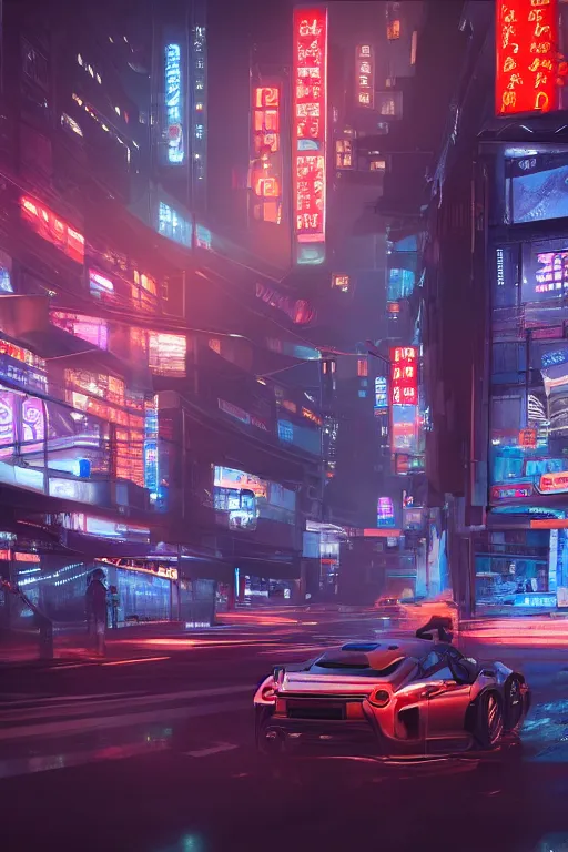 Prompt: GTR XU1 car, Futuristic Asian city at night with rain, Cyberpunk style, Neon lights, Matte painting, cinematic lighting, corona render, smoke, light rays, 8k