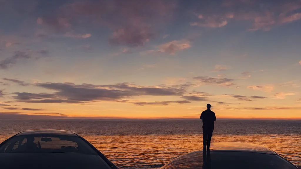 Image similar to a dramatic movie still of a man standing on the roof of a car driving through the ocean at sunset, golden hour