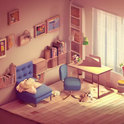 Prompt: a chubby cute room, 3 d illustration, isometric, 1 0 0 mm, octane render, studio lighting