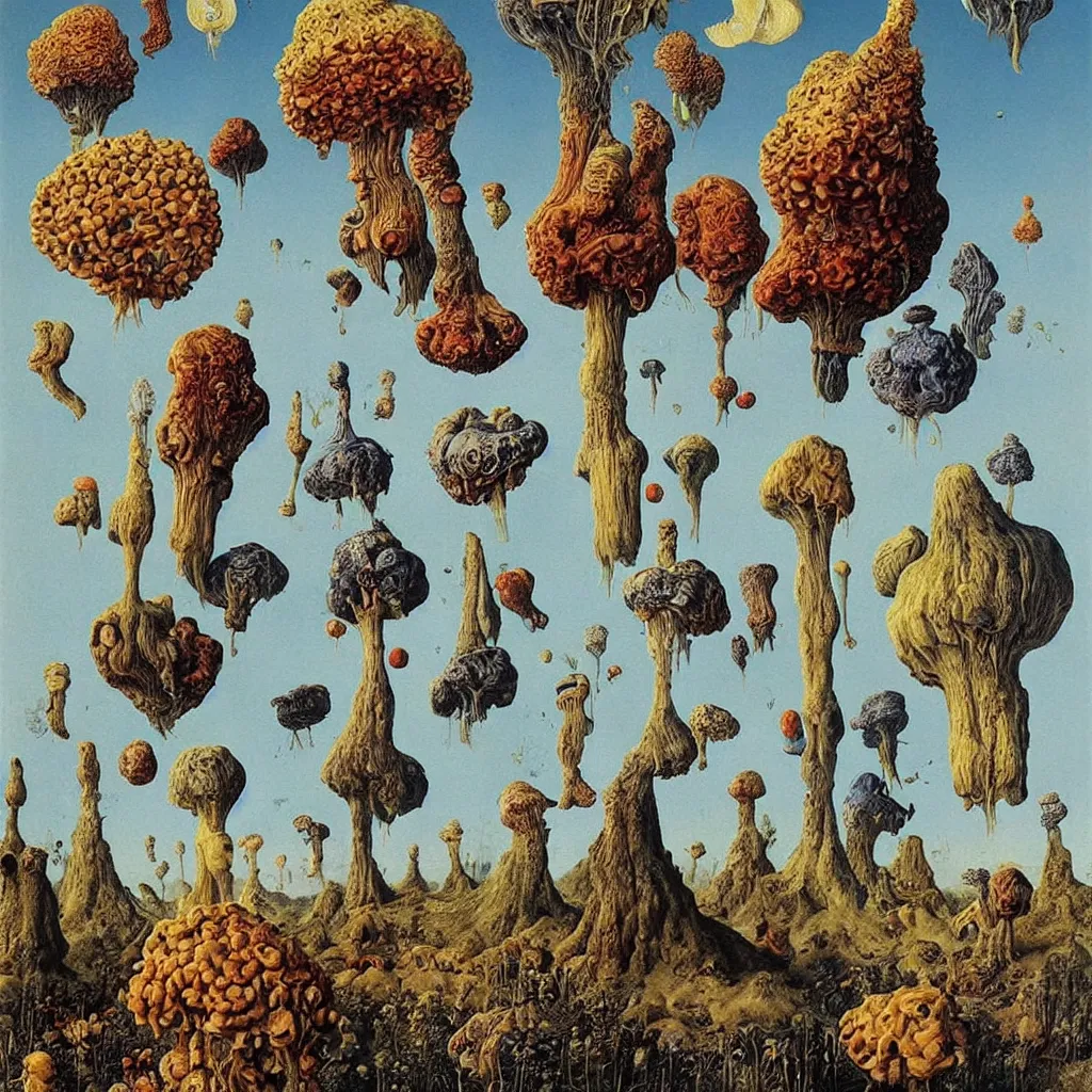 Image similar to a single colorful! ( lovecraftian ) fungus tower white! clear empty sky, a high contrast!! ultradetailed photorealistic painting by jan van eyck, audubon, rene magritte, agnes pelton, max ernst, walton ford, andreas achenbach, ernst haeckel, hard lighting, masterpiece