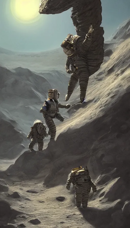 Image similar to a beautiful artwork illustration, astronauts discover a giant obsidian monolith on the moon, by rutkowski and charlie bowater, featured on artstation, wide angle, vertical orientation