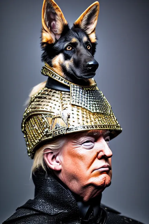 Image similar to donald trump knight wearing a real german shepherd on his head, armor designed by wayne barlowe, swarovski and tiffany, blonde hair, symmetry, sci - fi, cinematic, elegant, luxury, perfect light, perfect composition, dlsr photography, sharp focus, dark fantasy, 8 k, ultra hd, sense of awe, highly detailed, realistic, intricate