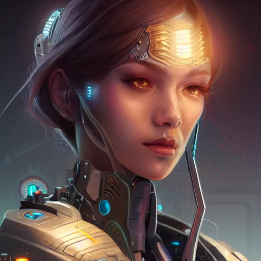 Prompt: closeup portrait of a young cyborg woman, cyberpunk, nighttime, fantasy, intricate, elegant, highly detailed, digital painting, artstation, concept art, matte, sharp focus, illustration, hearthstone, art by Artgerm and Gred Rutkowski and Alphonse Mucha