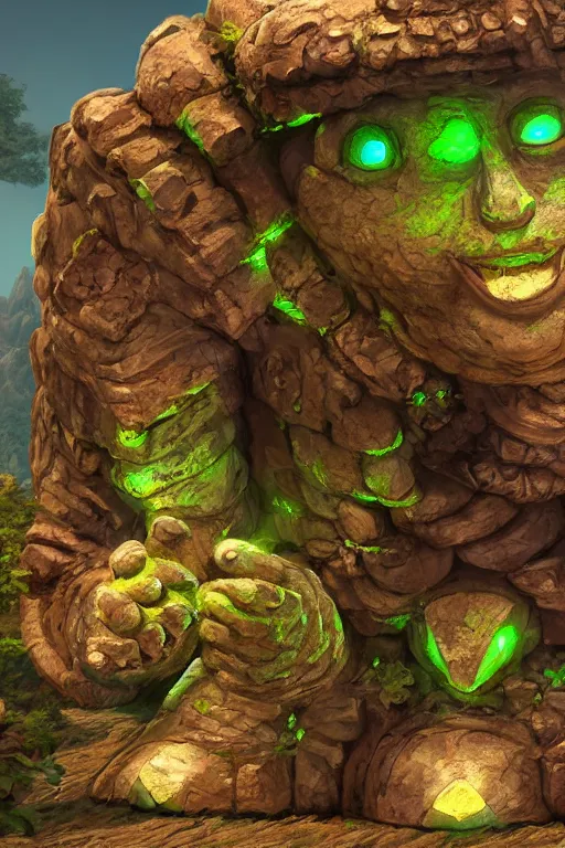 Image similar to zelda fantasy art giant golem troll wood rock greeble gemstone, global illumination ray tracing hdr fanart arstation by sung choi and eric pfeiffer and gabriel garza and casper konefal