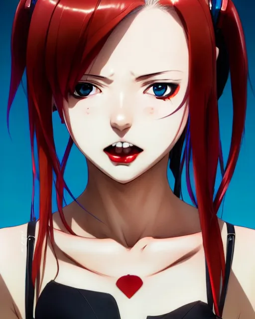 Prompt: portrait Anime as modern harley-quinn character girl cute-fine-face, brown-red-hair pretty face, realistic shaded Perfect face, fine details. Anime. realistic shaded lighting by Ilya Kuvshinov katsuhiro otomo ghost-in-the-shell, magali villeneuve, artgerm, rutkowski, WLOP Jeremy Lipkin and Giuseppe Dangelico Pino and Michael Garmash and Rob Rey