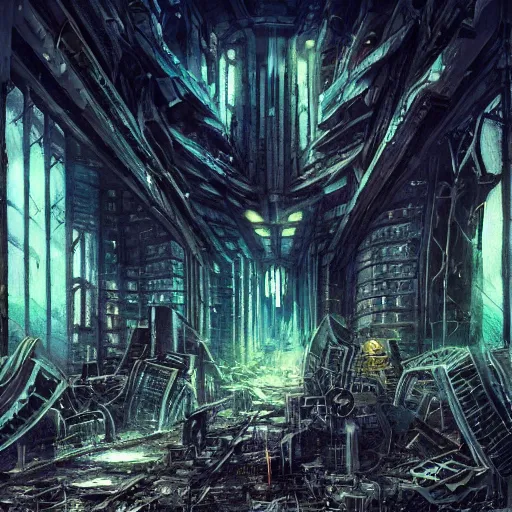 Image similar to abandoned ruined futuristic mega city, gothic art, color, detailed, eerie, emotional, sad, highly detailed, sharp focus, motherboard, Artstation, deviantart, artgem, insane detail, watercolor, golden ratio, n the style of Heavy Metal Comics