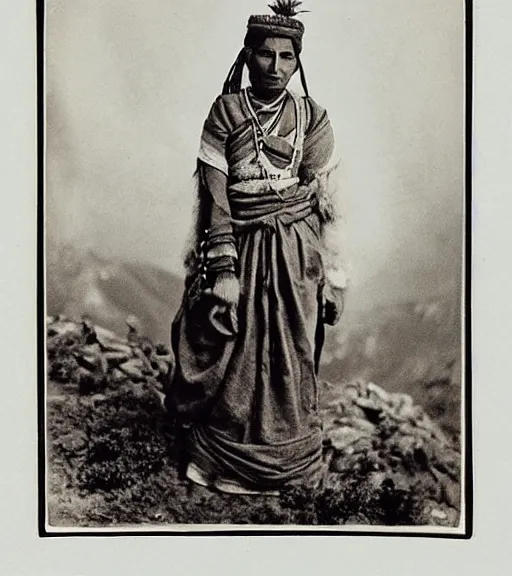 Prompt: vintage_portrait_photo_of_a_beautiful_nepalese_maiden in the himalayan mountains, by edward s curtis