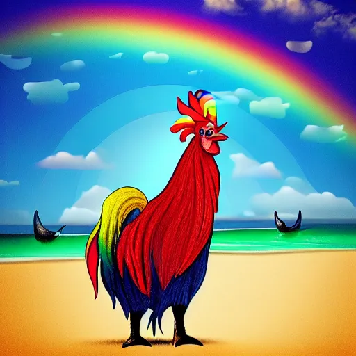Prompt: A rooster wearing a fedora, standing on a unicorn at the beach, with rainbow in the sky.