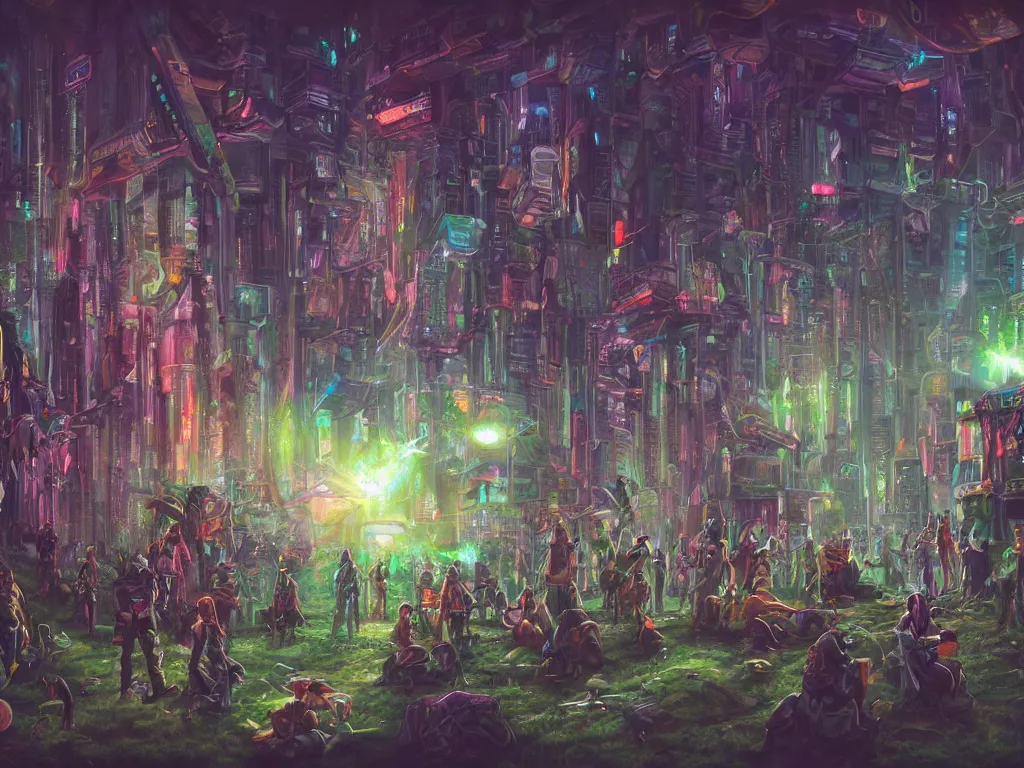 Prompt: a professional painting of a mystical cyberpunk tribe gathering at a magical location in the forest lit by fire and intense laser lights extreme wide angle view from below