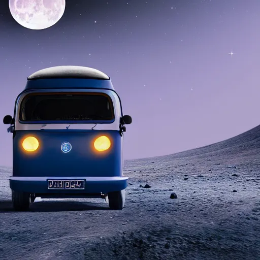 Image similar to a dark blue tuk tuk traveling on the surface of the moon, moon craters, night sky, milky way, hard lighting, matte painting, concept art, 4k