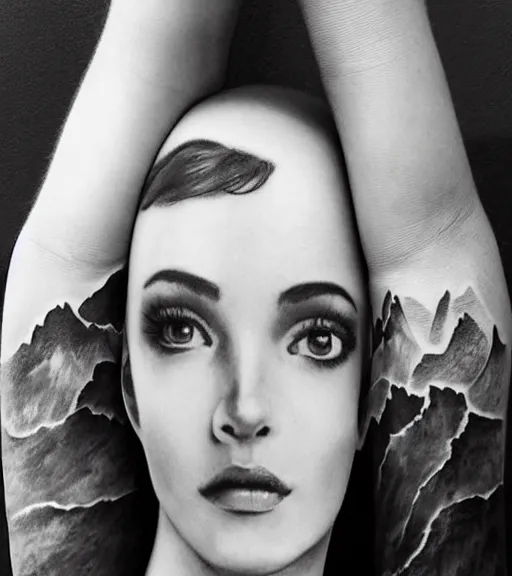 Image similar to a beautiful girl portrait, faded mountain background, realism tattoo, in the style of den yakovlev, black and white, hyper realistic, highly detailed