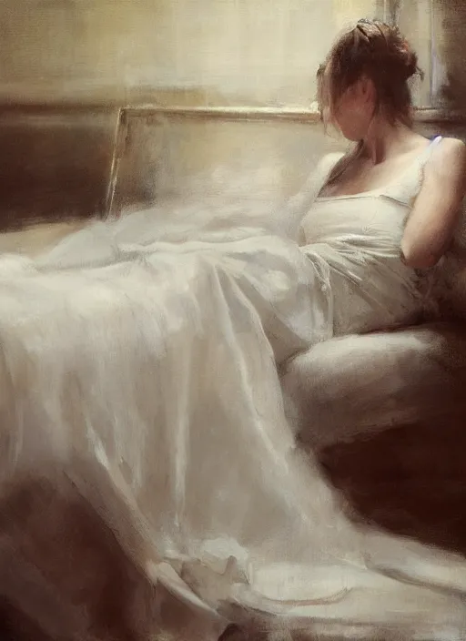 Image similar to portrait painting of a woman posing in an artistic over a bed, white satin sheets by jeremy mann, only one head single portrait