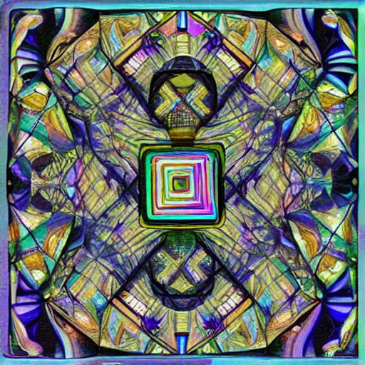 Prompt: mental imagery polarized light photomicrograph crystallized memetic symbols thigmomorphogenesis with bismuth crystal inclusions and integrated circuit turtle in m. c. escher